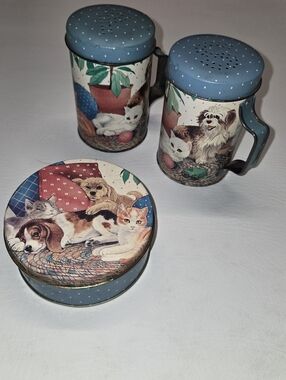 vintage JSNY puppy dog and kitty cat tin salt and pepper shakers with Coasters